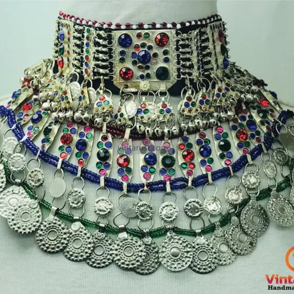 Kuchi Choker Necklace, Kuchi Tribal Multicolor Necklace, Handmade Statement Boho - Picture 1 of 9